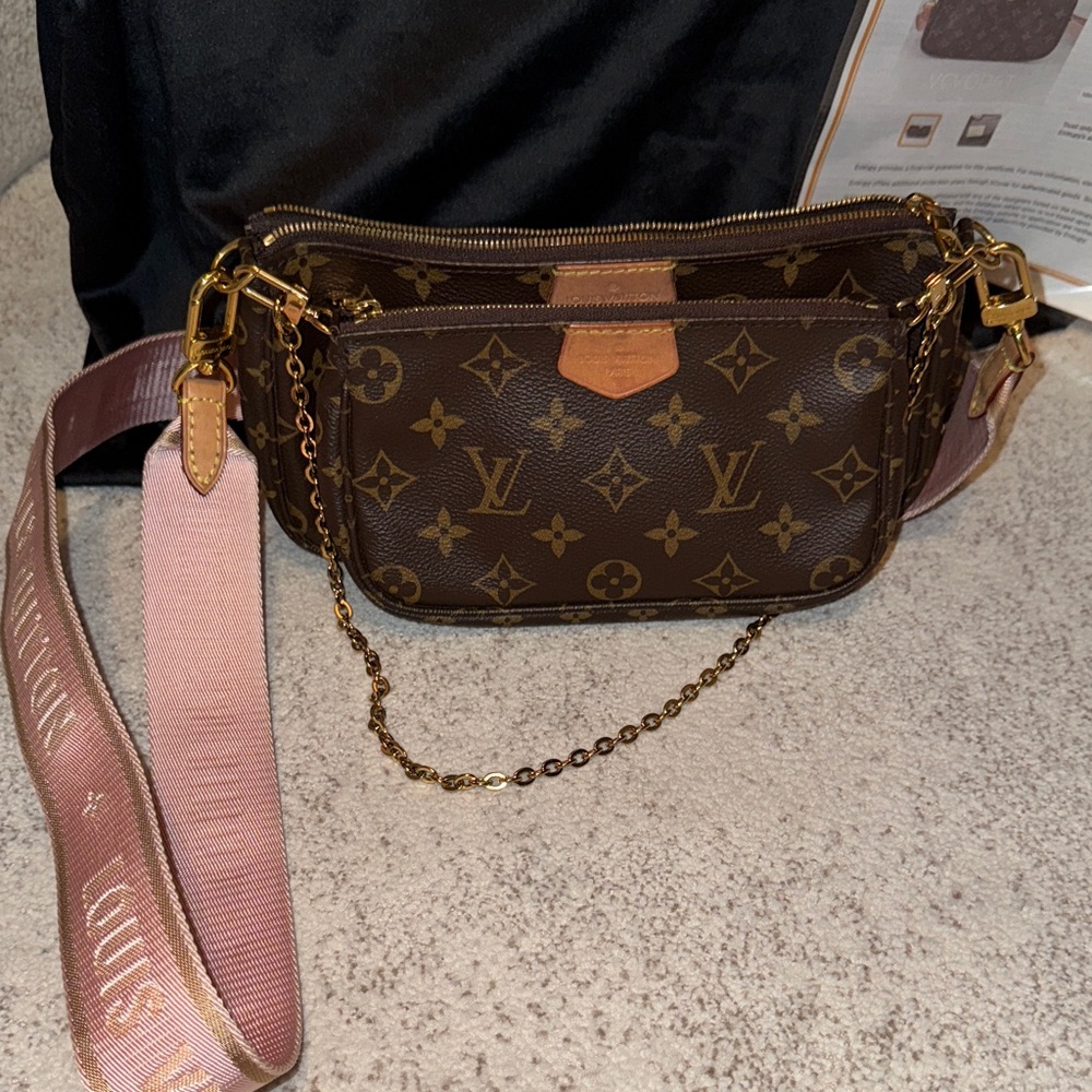 Louis Vuitton Brown Monogram Crossbody Bag with Pink Strap - Picture 10 of 17